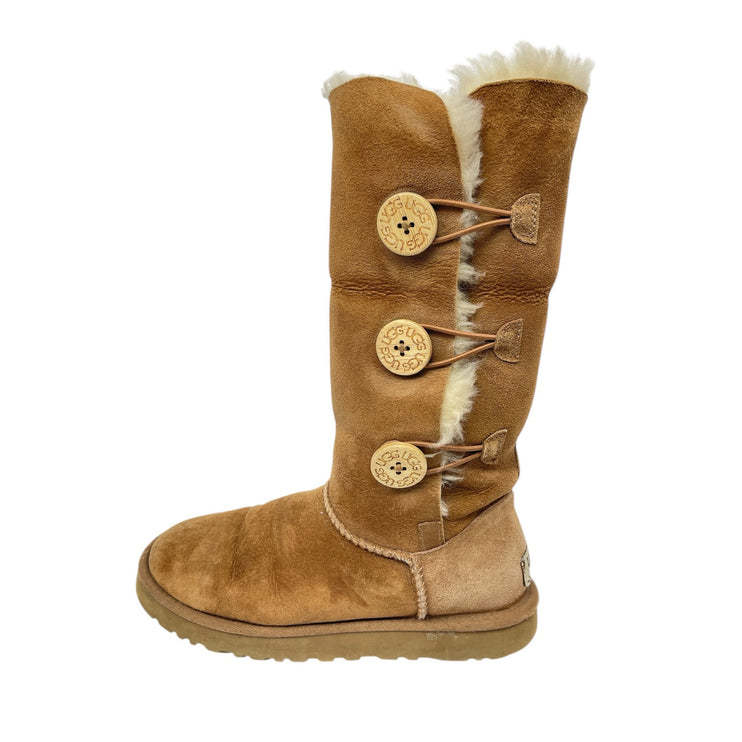 UGG Bailey Button Triplet II Brown Shearling Leather Mid Calf Snow Boots Size 7