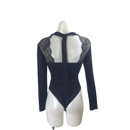 Cider Women's Black Lace V Neck Choker Cut Out Long Sleeve Sexy Bodysuit Top XS