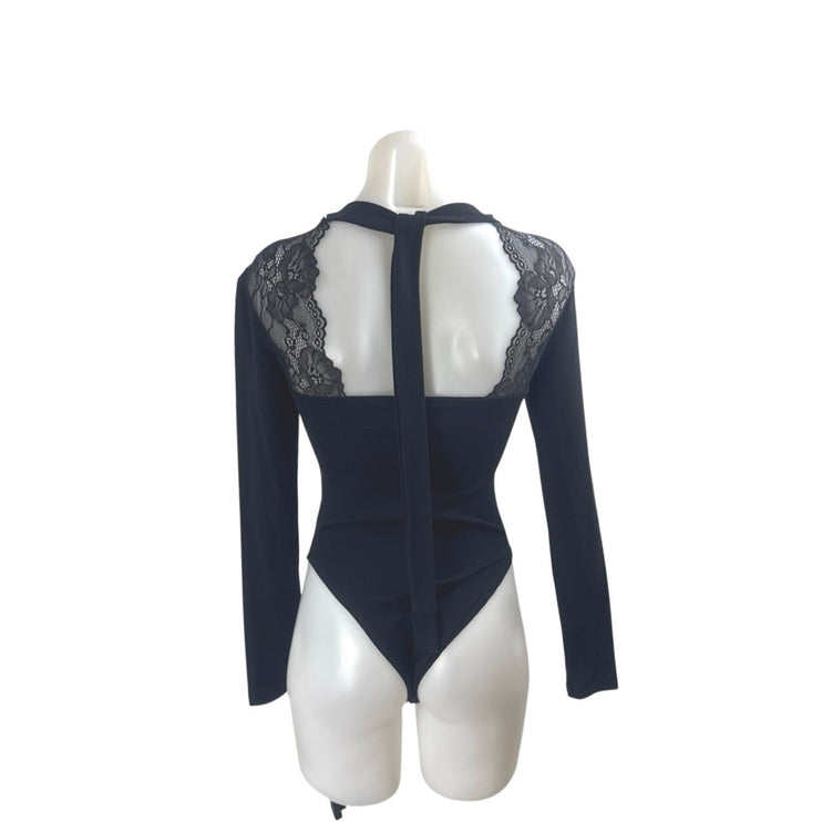 Cider Women's Black Lace V Neck Choker Cut Out Long Sleeve Sexy Bodysuit Top XS