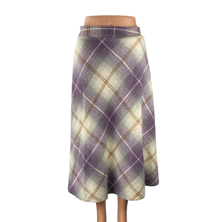 Women's Wool Purple Tartan Plaid Checkered High Waist Midi Flare A-Line Skirt S