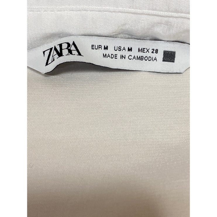 Zara Women's White Silky Satin Collared Long Sleeve Button Down Shirt Top Size M