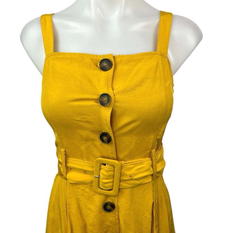 JOA Yellow Sleeveless Button Down Belted Pleats Midi Fit & Flare S-Line Dress XS