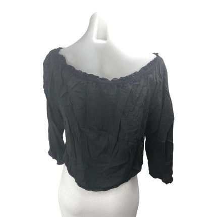 Candie's Women's Black Floral Embroidered Boat Neck 3/4 Sleeve Crop Blouse Top L