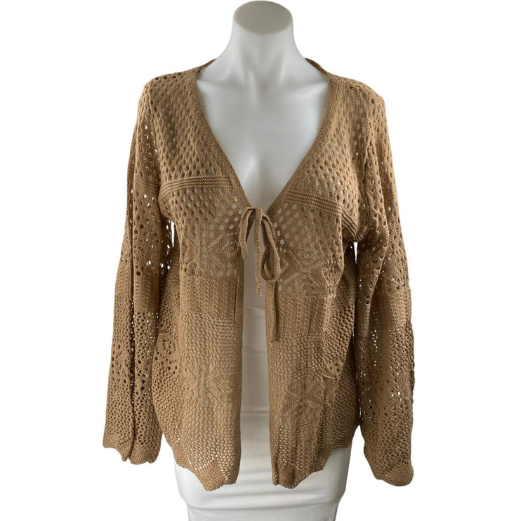 Women's Tan Knit Crochet Long Sleeve Tie Knot V Neck Cardigan Sweater Top Size L