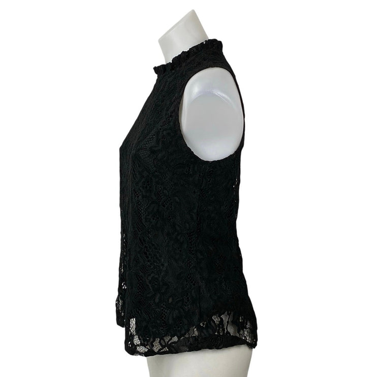 Nanette Lepore Black Lace Sleeveless Ruffle Mock Neck Zip Blouse Tank Top Size S
