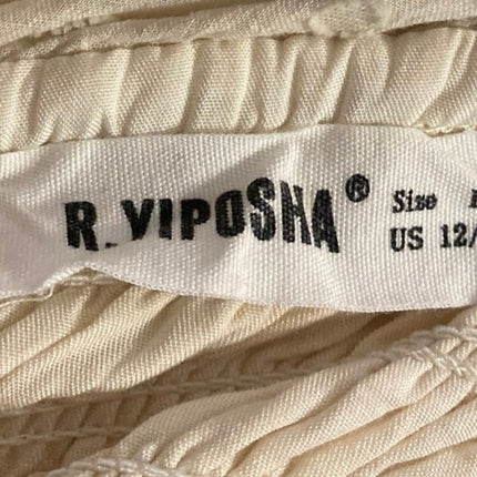 R.Yiposha Beige Short Puff Sleeve Smocked Ruffle Tie Swiss Dot Midi Dress 12/14