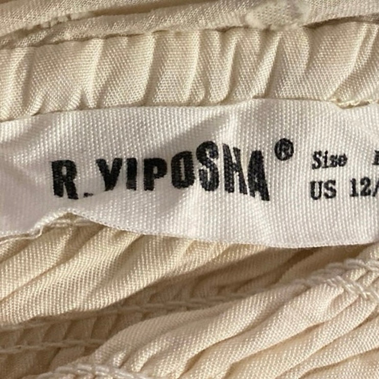 R.Yiposha Beige Short Puff Sleeve Smocked Ruffle Tie Swiss Dot Midi Dress 12/14