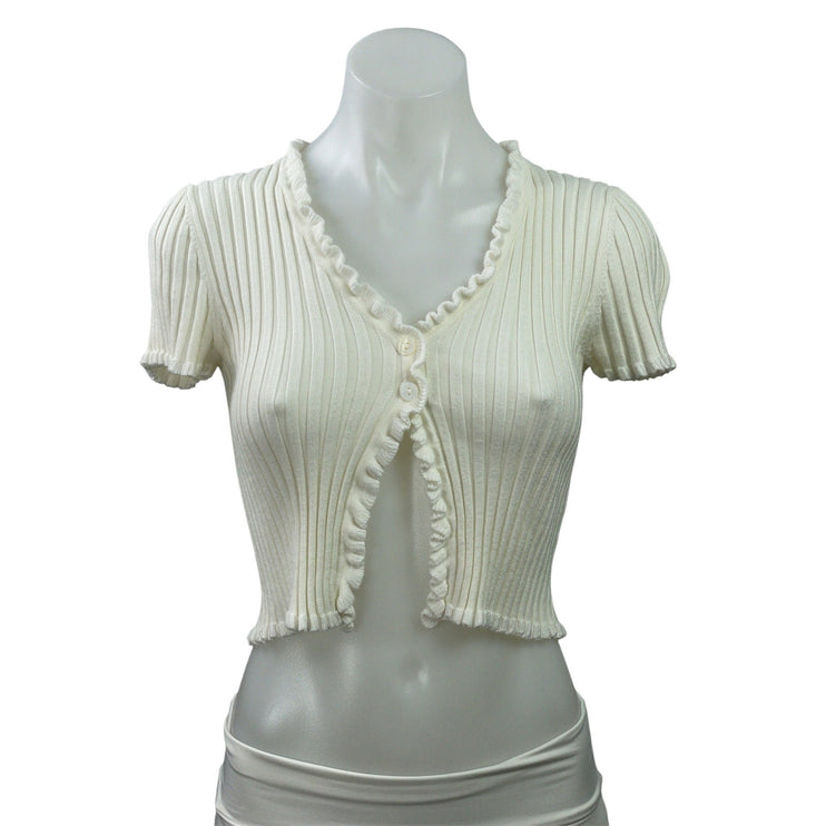 Isalis Women's Cream Short Sleeve Ribbed Knit Ruffle Cardigan Crop Top Size S