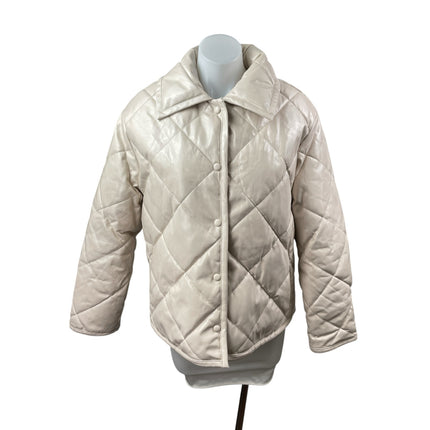 MNG Mango Women's Cream Quilted Faux Leather Long Sleeve Puffer Coat Jacket Sz S