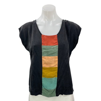 Obus 100% Silk Women's Black Short Sleeves Colorblock Scoop Neck Blouse Top Sz 1