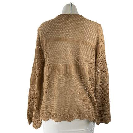 Women's Tan Knit Crochet Long Sleeve Tie Knot V Neck Cardigan Sweater Top Size L