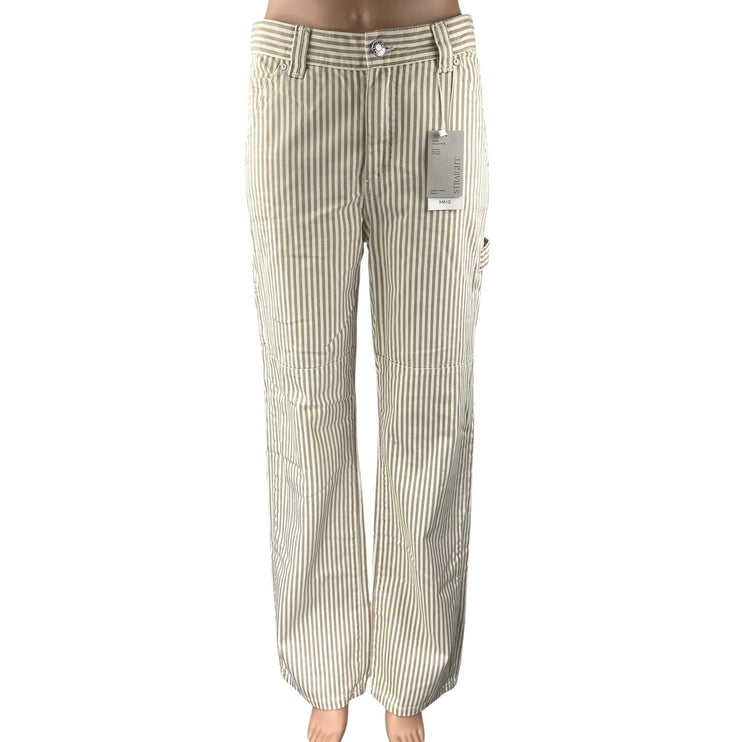 NEW MNG Mango Beige White Striped Straight Carpenter Cargo Trousers Pants Size 2