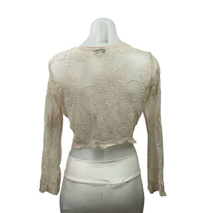 PALME Cream Lace Long Sleeves Sheer Embroidered Tie Front Crop Blouse Top Sz S/M