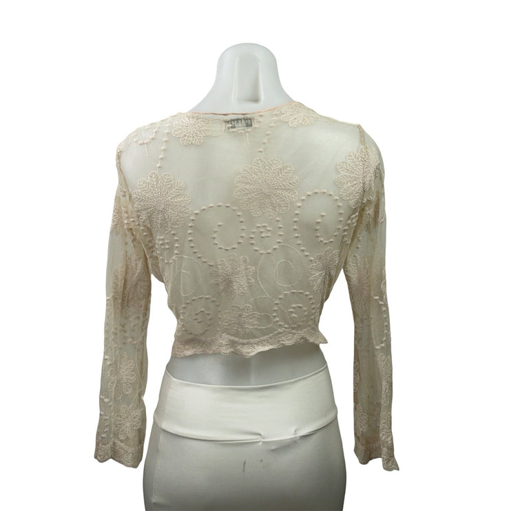 PALME Cream Lace Long Sleeves Sheer Embroidered Tie Front Crop Blouse Top Sz S/M