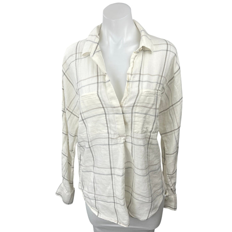 Vince Women's Cream Plaid Pocket V Neck Relaxed Long Sleeve Shirt Top Size L