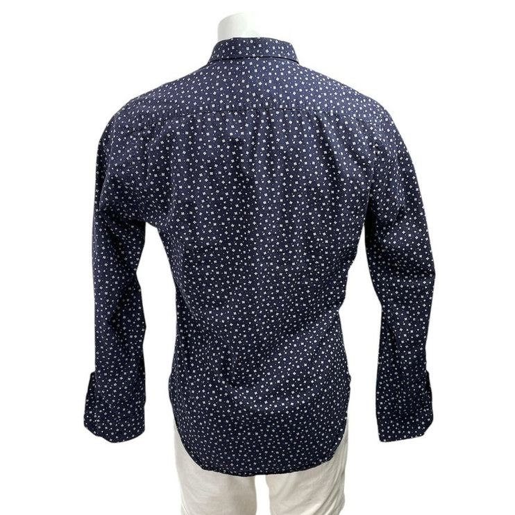 Zara Men's Navy Blue Long Sleeve Slim Fit Printed Button Down Shirt To Size L