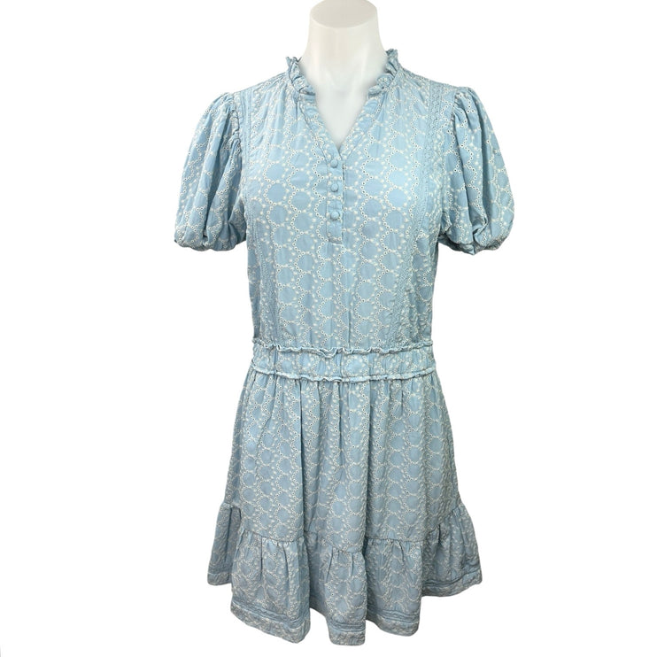 AQUA Blue Socialite Surplice Trim Eyelet Ruffle Puff Sleeve Mini A-Line Dress M