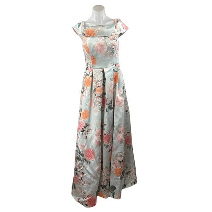 Eliza J Green Floral Silk Satin Off The Shoulder Evening A Line Maxi Dress Sz M