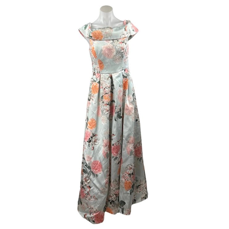 Eliza J Green Floral Silk Satin Off The Shoulder Evening A Line Maxi Dress Sz M