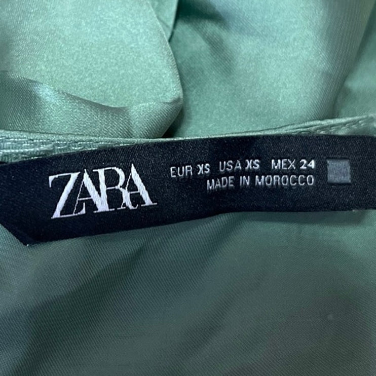 Zara Green Silk Satin V-neck Long Balloon Sleeve Crop Shirt Blouse Top Size XS