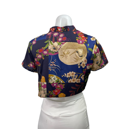 Zara Multicolor Satin Oriental Print Short Sleeve Cutout Cropped Blouse Top Sz S