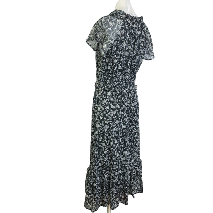 Old Navy Black Floral Ruffle Flutter Sleeve V Neck Tiered A Line Midi Dress Sz M