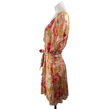 Free People Freddy Coral Short Sleeve Floral V Neck Tie Fit & Flare Mini Dress M