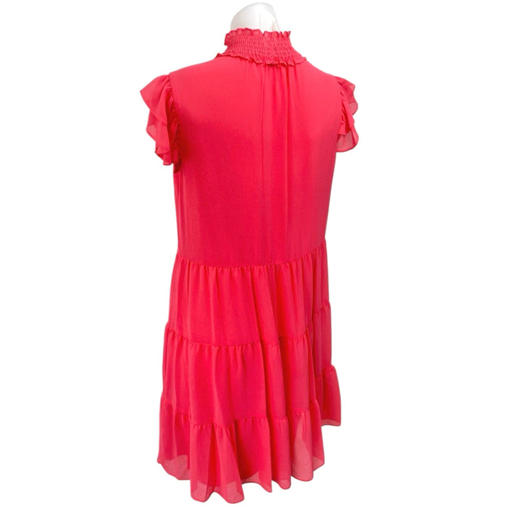 Eliza J Pink Short Flutter Sleeve Ruffle Mock Neck Tiered Mini A-Line Dress Sz 6