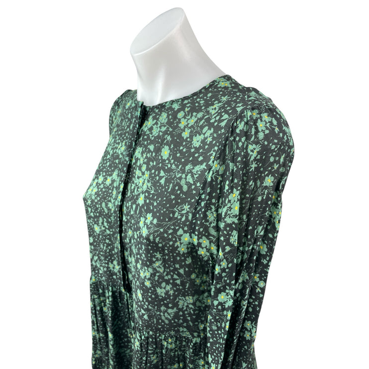 Zara The Angel Green Floral Smocked Long Sleeve Midi Maxi A-Line Shirt Dress S