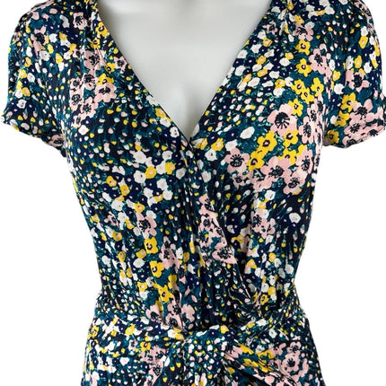 LOFT Multicolor Floral Print Faux Wrap Short Sleeve Tie Waist Romper Jumpsuit XS
