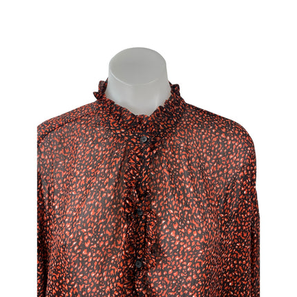 Mango MNG Brown Printed Ruffle Button Up Long Puff Sleeve Sheer Blouse Top Sz 4
