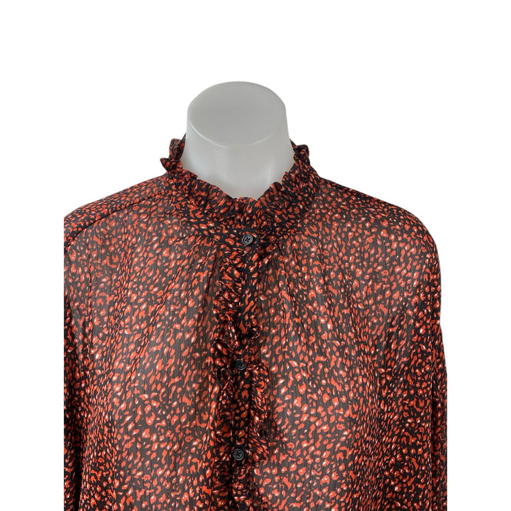 Mango MNG Brown Printed Ruffle Button Up Long Puff Sleeve Sheer Blouse Top Sz 4