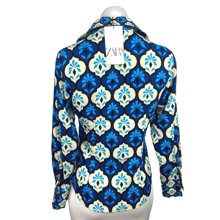 Zara NWT Blue Printed Satin Button Down Long Sleeve Boho Shirt Blouse Top Sz XS