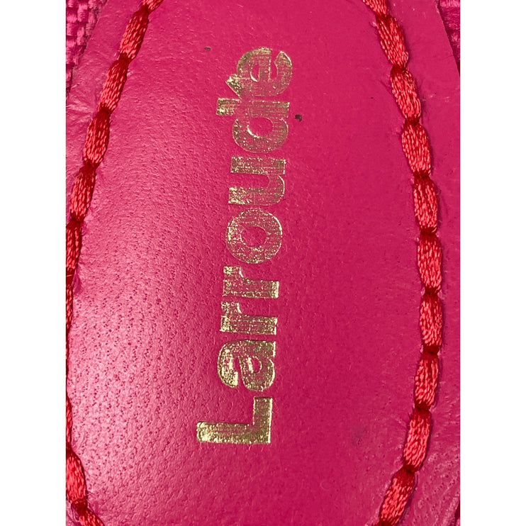 NEW Larroude Raffia Pink Orange Color Block Fringe Round Toe Flats Slides Sz 7