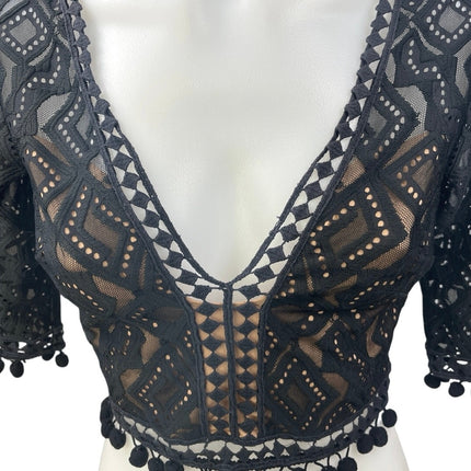 For Love & Lemons Black Argyle Pompom Lace Mesh Boho V Neck Crop Top Size XS