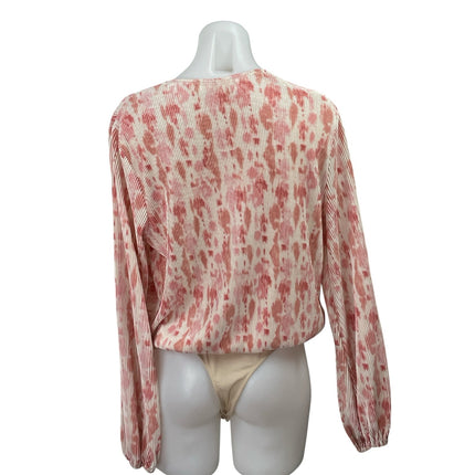 ASTR the Label Orange Plisse Pleated V-Neck Faux Wrap Long Sleeve Bodysuit Top M