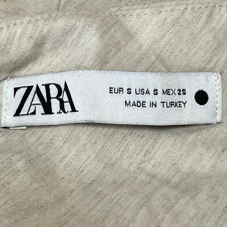 Zara Womens Beige Linen Blend Cap Sleeve Draped Tie Knot Front Blouse Top Size S