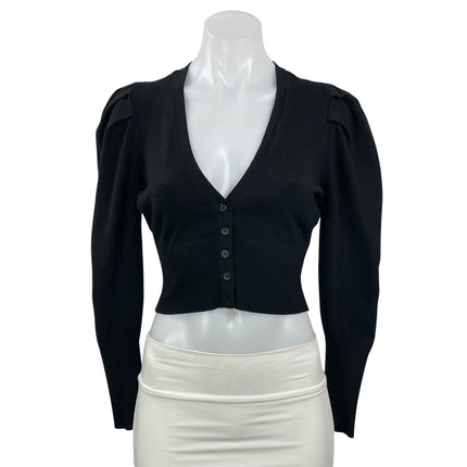 Danielle Bernstein Women Black Long Puff Sleeve V Neck Button Up Crop Top Size M