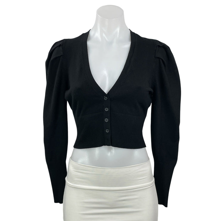 Danielle Bernstein Women Black Long Puff Sleeve V Neck Button Up Crop Top Size M