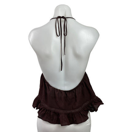 Zara Brown Sleeveless Cami Halter Embroidered Tie Front Ruffle Tank Top Size M
