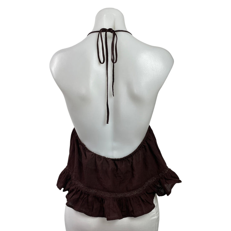 Zara Brown Sleeveless Cami Halter Embroidered Tie Front Ruffle Tank Top Size M