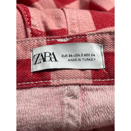Zara Women's Pink Red Gingham Check High Rise Wide Leg Trousers Pants Size 2