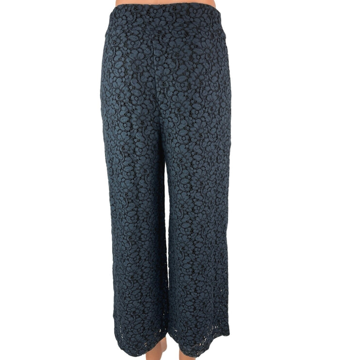 Zara Woman Navy Blue Floral Lace High Rise Cropped Wide Leg Trouser Pants Size S