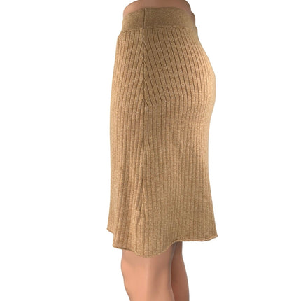 Free People Tan Rib Knit Stretch Knee Length Pencil Wrap Sweater Skirt Size M