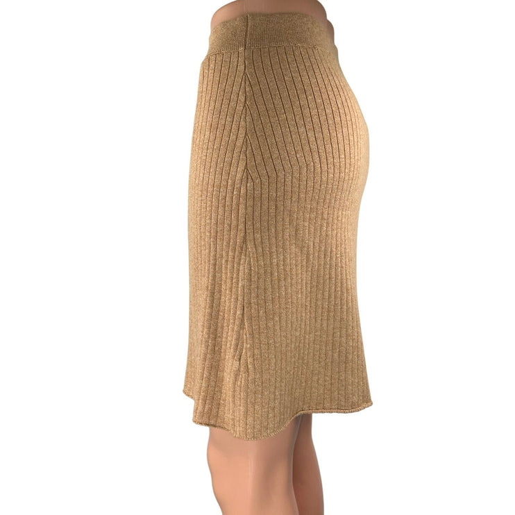 Free People Tan Rib Knit Stretch Knee Length Pencil Wrap Sweater Skirt Size M