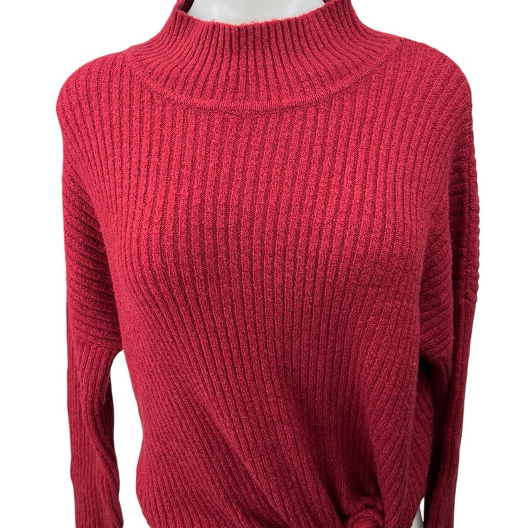 JohnPaulRichard Women's Red Ribbed Knit Turtleneck Tie Hem Sweater Top Size M