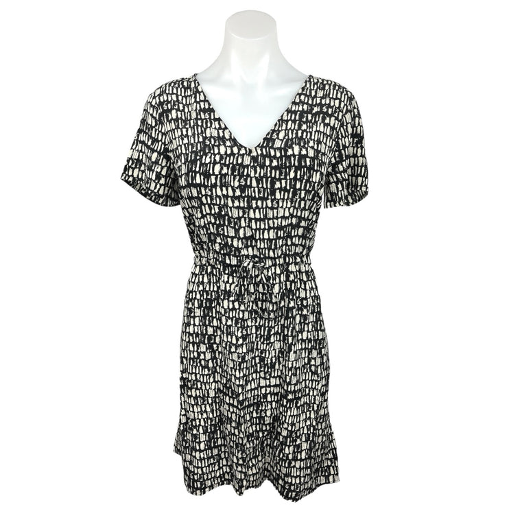 Eileen Fisher Black White 100% Silk V Neck Short Sleeve Tie Waist Mini Dress XS