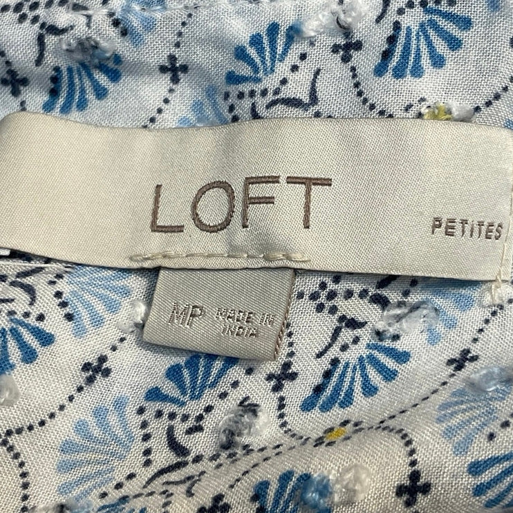 Ann Taylor LOFT Blue Mosaic Floral Long Sleeve Ruffle Crewneck Blouse Top MP