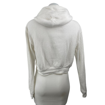 Brandy Melville Womens White Crop Hoodie Hooded Waffle Knit Thermal Sweatshirt S