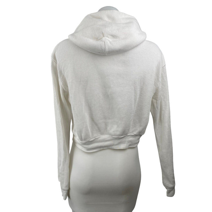 Brandy Melville Womens White Crop Hoodie Hooded Waffle Knit Thermal Sweatshirt S